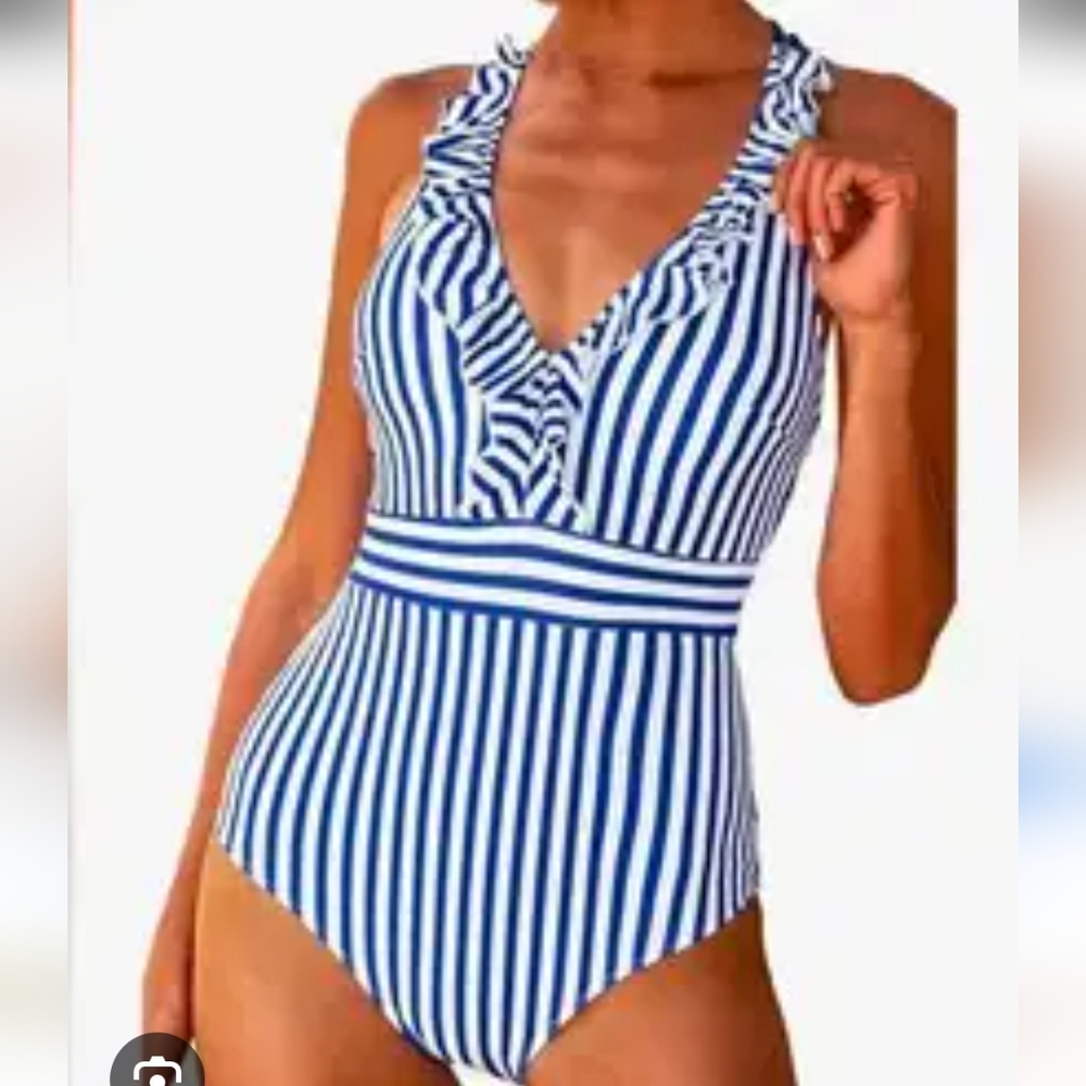 CUPSHE Size M Blue and White Striped Swimsuit. New